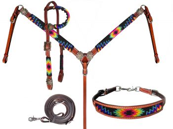 Showman  Beaded Bright Color Southwest 4 Piece Headstall and Breast collar Set